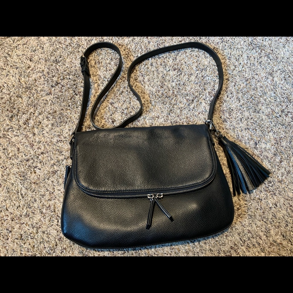 Black Leather Messenger Style Bag with Fringe Tassel